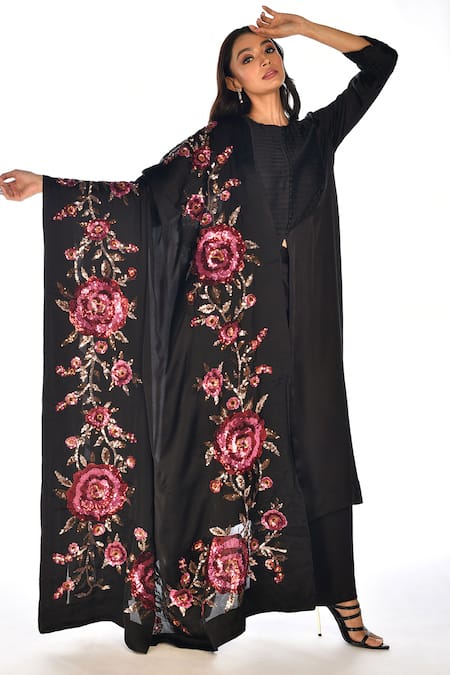 ISADAA BY ROTNA DUTT Black Satin, Georgette, Organza Sequins, Floral Kurta Set With Dupatta 