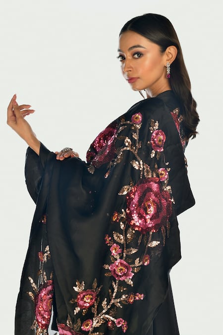 ISADAA BY ROTNA DUTT_Black Satin, Georgette, Organza Sequins, Floral Kurta Set With Dupatta _Online_at_Aza_Fashions