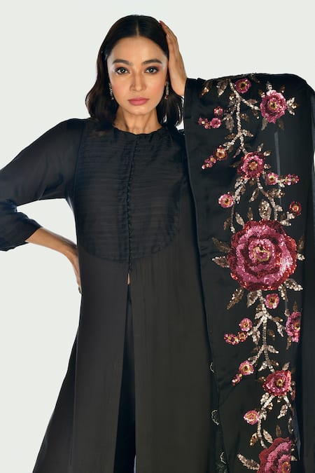 Buy_ISADAA BY ROTNA DUTT_Black Satin, Georgette, Organza Sequins, Floral Kurta Set With Dupatta _Online_at_Aza_Fashions