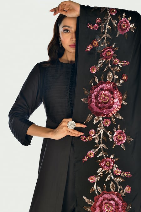 Shop_ISADAA BY ROTNA DUTT_Black Satin, Georgette, Organza Sequins, Floral Kurta Set With Dupatta _Online_at_Aza_Fashions