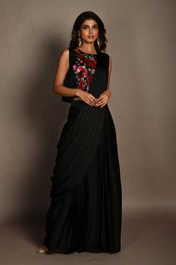 ISADAA BY ROTNA DUTT_Black Satin, Georgette Embroidery, Sequins, Beads And Zardosi Hand Saree Set _Online_at_Aza_Fashions