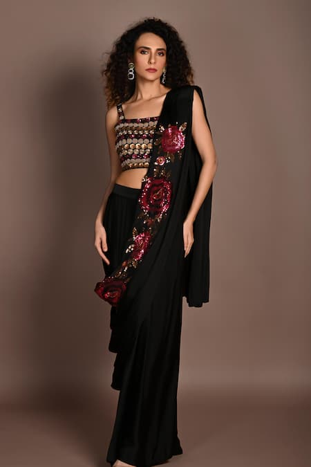 ISADAA BY ROTNA DUTT_Black Satin, Georgette Sequins, Beads, And Cutdana Embroidered Pre-draped Saree _Online_at_Aza_Fashions