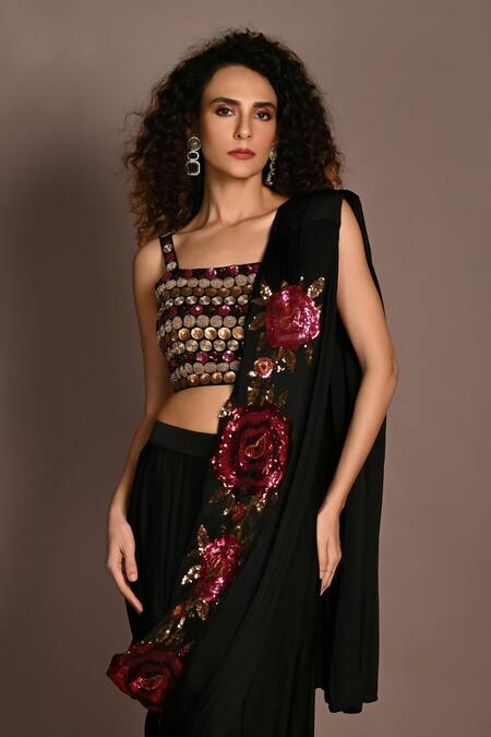Buy_ISADAA BY ROTNA DUTT_Black Satin, Georgette Sequins, Beads, And Cutdana Embroidered Pre-draped Saree _Online_at_Aza_Fashions