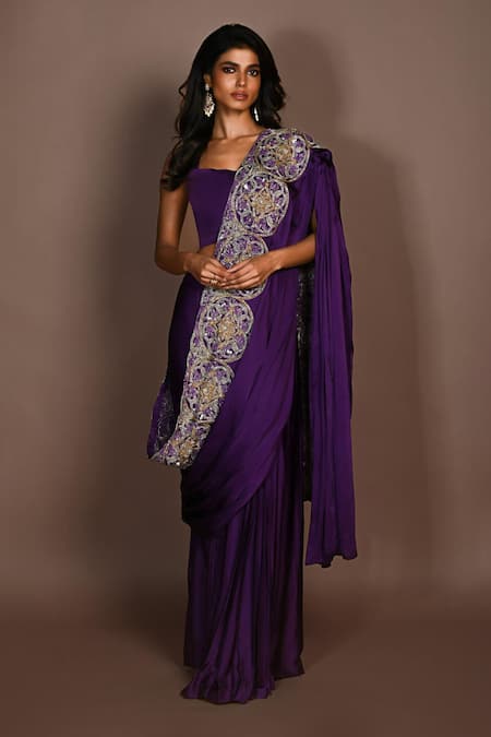 ISADAA BY ROTNA DUTT Sequins & Cutdana Hand Embroidered Pre-Draped Saree With Unstitched Blouse Piece 