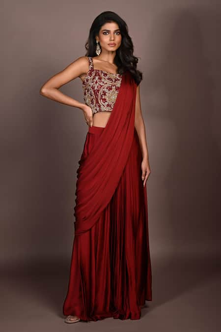 ISADAA BY ROTNA DUTT_Red Satin, Georgette Sequins, Beads, Embroidery And Cutdana Hand Saree Set _Online_at_Aza_Fashions