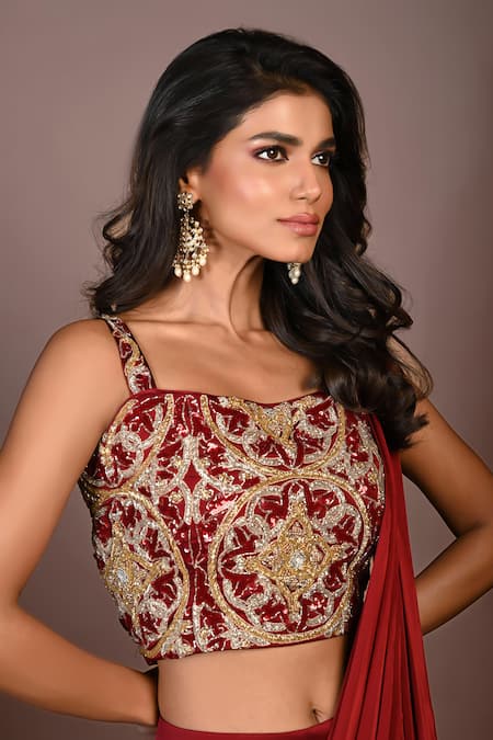 Buy_ISADAA BY ROTNA DUTT_Red Satin, Georgette Sequins, Beads, Embroidery And Cutdana Hand Saree Set _Online_at_Aza_Fashions