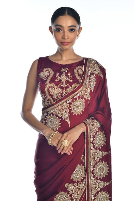 ISADAA BY ROTNA DUTT_Red Satin, Organza Embroidery, Zari Round Neck Zardosi Hand Saree And Blouse _Online_at_Aza_Fashions