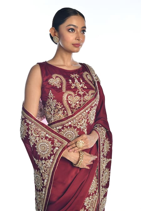 Buy_ISADAA BY ROTNA DUTT_Red Satin, Organza Embroidery, Zari Round Neck Zardosi Hand Saree And Blouse _Online_at_Aza_Fashions