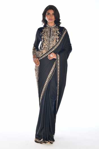 ISADAA BY ROTNA DUTT_Black Satin, Georgette Embroidery, Zari Zardosi Hand Saree And Jacket Blouse _Online_at_Aza_Fashions