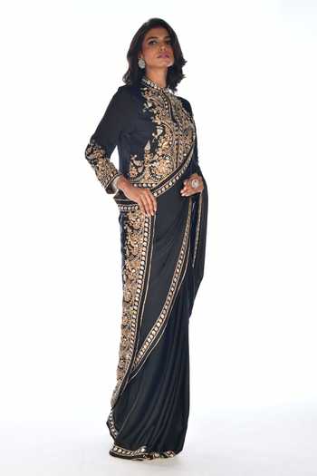 Buy_ISADAA BY ROTNA DUTT_Black Satin, Georgette Embroidery, Zari Zardosi Hand Saree And Jacket Blouse _Online_at_Aza_Fashions