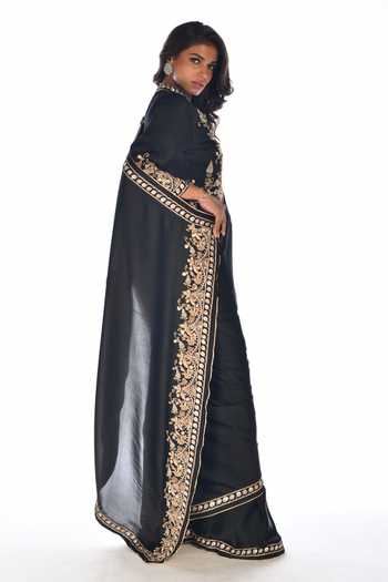 Shop_ISADAA BY ROTNA DUTT_Black Satin, Georgette Embroidery, Zari Zardosi Hand Saree And Jacket Blouse _Online_at_Aza_Fashions