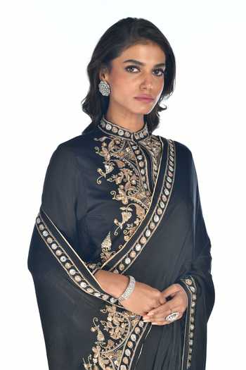 ISADAA BY ROTNA DUTT_Black Satin, Georgette Embroidery, Zari Zardosi Hand Saree And Jacket Blouse _at_Aza_Fashions
