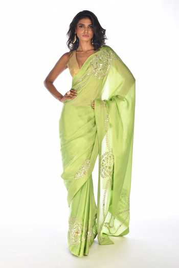 ISADAA BY ROTNA DUTT_Green Satin, Organza Gota Patti, Embroidery, Zari Hand Saree _Online_at_Aza_Fashions