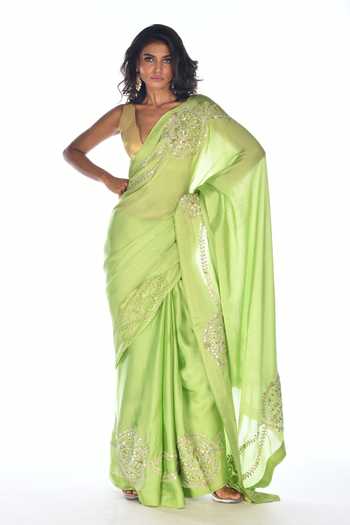 Buy_ISADAA BY ROTNA DUTT_Green Satin, Organza Gota Patti, Embroidery, Zari Hand Saree _Online_at_Aza_Fashions