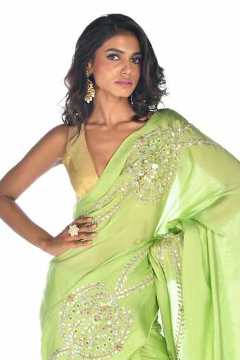 Shop_ISADAA BY ROTNA DUTT_Green Satin, Organza Gota Patti, Embroidery, Zari Hand Saree _Online_at_Aza_Fashions