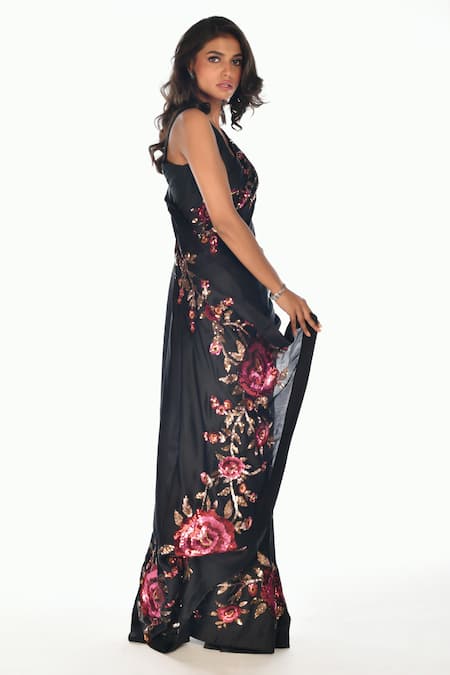 ISADAA BY ROTNA DUTT Sequinned Floral Hand Embroidered Saree With Unstitched Blouse Fabric 