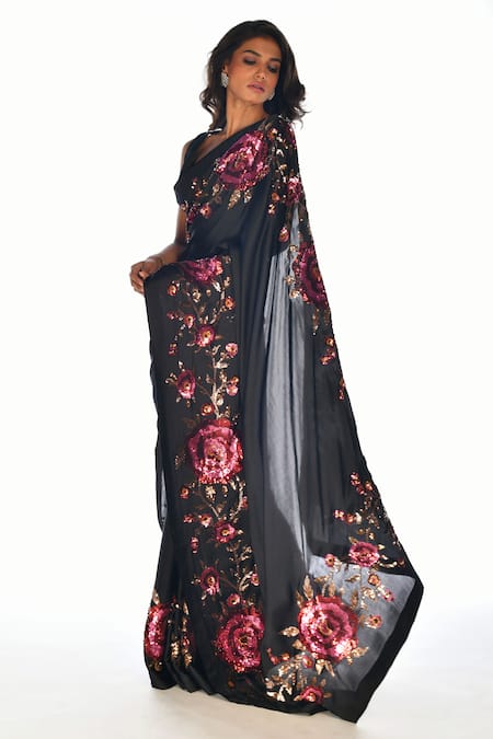 Buy_ISADAA BY ROTNA DUTT_Black Satin, Organza Floral Hand Saree With Unstitched Blouse Fabric _Online_at_Aza_Fashions