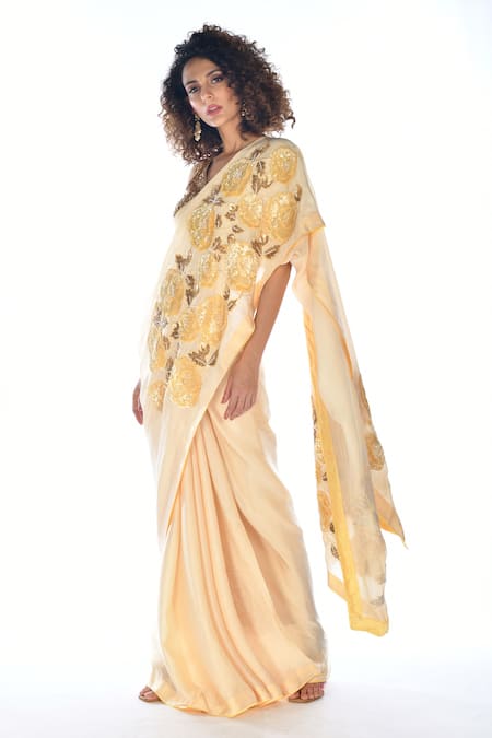 ISADAA BY ROTNA DUTT_Yellow Satin, Georgette Sequins, Beads, Embroidery V-neck Floral And Saree Set _Online_at_Aza_Fashions