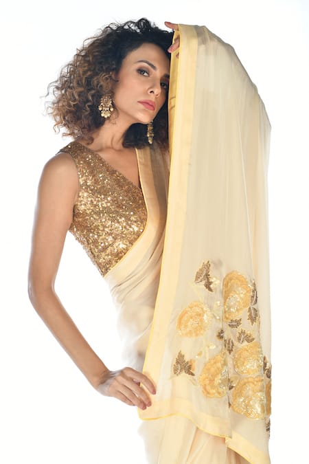 Shop_ISADAA BY ROTNA DUTT_Yellow Satin, Georgette Sequins, Beads, Embroidery V-neck Floral And Saree Set _Online_at_Aza_Fashions