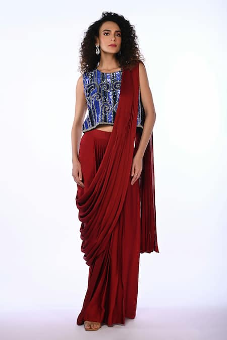 ISADAA BY ROTNA DUTT Sequins & Cutdana Embroidered Blouse & Pre-Draped Saree 