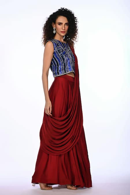 ISADAA BY ROTNA DUTT_Red Satin, Georgette Sequins, And Cutdana Embroidered Blouse & Pre-draped Saree _Online_at_Aza_Fashions