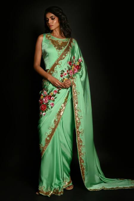 ISADAA BY ROTNA DUTT_Green Georgette, Satin Embroidery, Sequins, Beads And Cutdana Hand Saree Set _Online_at_Aza_Fashions