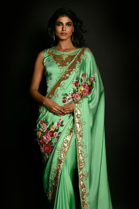 Buy_ISADAA BY ROTNA DUTT_Green Georgette, Satin Embroidery, Sequins, Beads And Cutdana Hand Saree Set _Online_at_Aza_Fashions