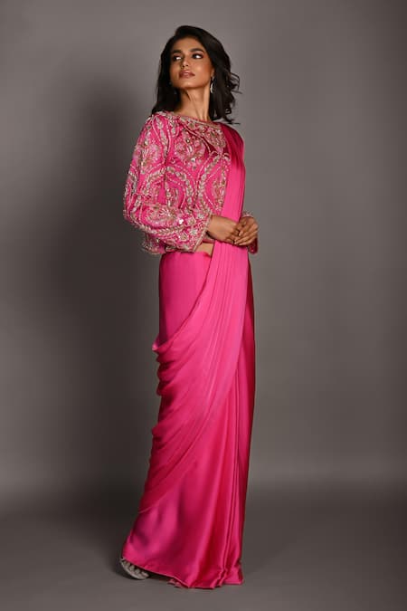 ISADAA BY ROTNA DUTT_Pink Satin, Georgette Sequins, Beads, Embroidery Boat And Cutdana Hand Saree Set _Online_at_Aza_Fashions