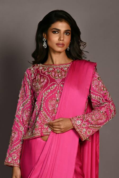 Shop_ISADAA BY ROTNA DUTT_Pink Satin, Georgette Sequins, Beads, Embroidery Boat And Cutdana Hand Saree Set _Online_at_Aza_Fashions