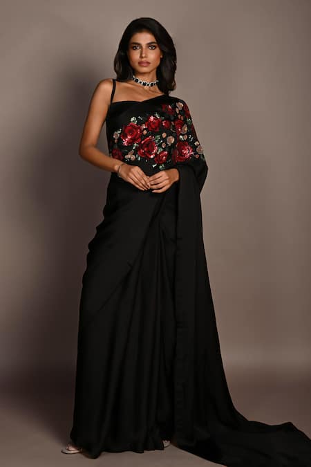 ISADAA BY ROTNA DUTT_Black Satin, Georgette Sequins, Stones, Zari And Zardosi Hand Embroidered Saree _Online_at_Aza_Fashions