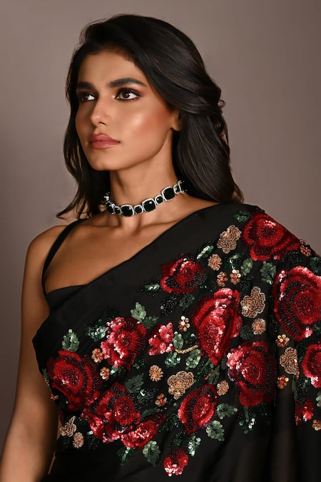 Buy_ISADAA BY ROTNA DUTT_Black Satin, Georgette Sequins, Stones, Zari And Zardosi Hand Embroidered Saree _Online_at_Aza_Fashions
