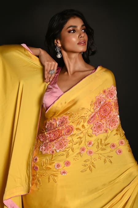 ISADAA BY ROTNA DUTT_Yellow Georgette, Satin Sequins, Beads, Embroidery And Cutdana Saree _Online_at_Aza_Fashions