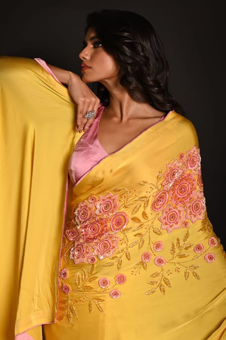Shop_ISADAA BY ROTNA DUTT_Yellow Georgette, Satin Sequins, Beads, Embroidery And Cutdana Saree _Online_at_Aza_Fashions