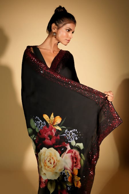 ISADAA BY ROTNA DUTT_Black Satin, Organza Sequins, Embroidery Digital Print Saree With Border _Online_at_Aza_Fashions