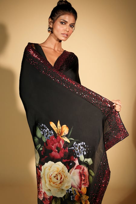 Buy_ISADAA BY ROTNA DUTT_Black Satin, Organza Sequins, Embroidery Digital Print Saree With Border _Online_at_Aza_Fashions
