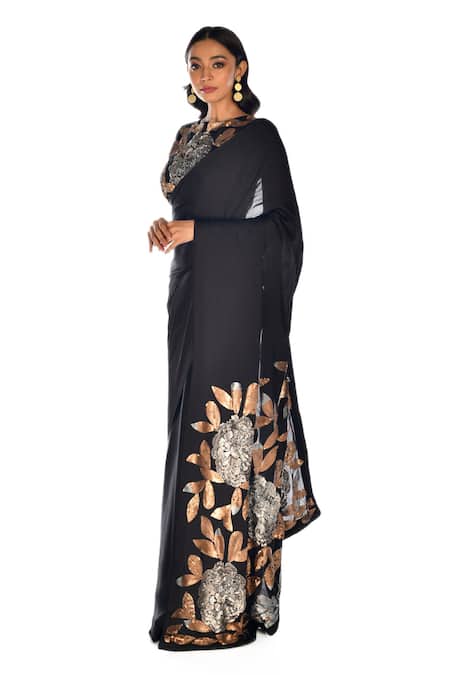 ISADAA BY ROTNA DUTT_Black Satin, Organza Sequins, Embroidery Round Neck Hand Saree And Blouse _Online_at_Aza_Fashions