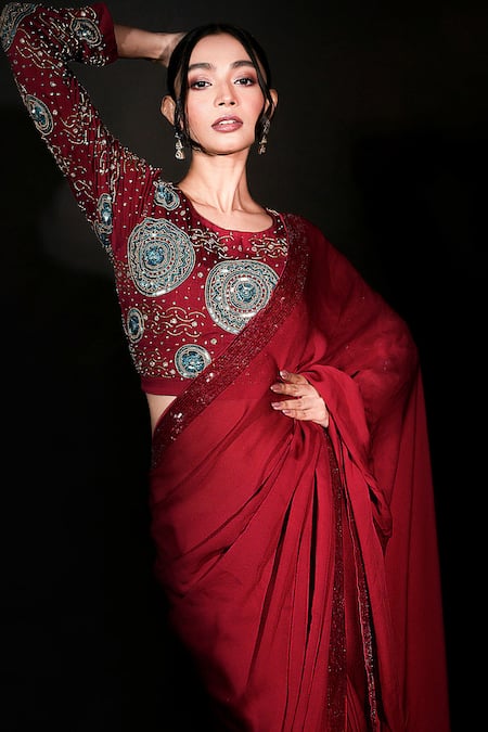 ISADAA BY ROTNA DUTT_Red Satin, Georgette Sequins, Beads, Embroidery Round Neck And Saree Set _Online_at_Aza_Fashions