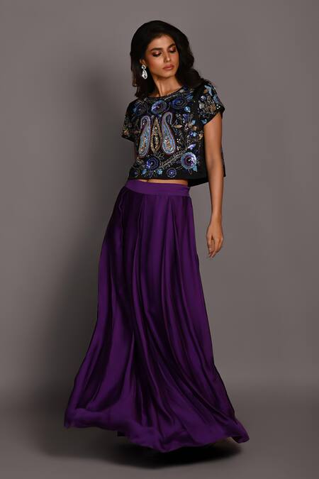 Shop ISADAA BY ROTNA DUTT Black Satin, Georgette, Organza Sequins, Paisley And Cutdana Crop Top & Skirt Online at Aza Fashions Shop_ISADAA BY ROTNA DUTT_Black Satin, Georgette, Organza Sequins, Paisley And Cutdana Crop Top & Skirt _Online_at_Aza_Fashions