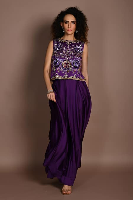 Buy_ISADAA BY ROTNA DUTT_Purple Satin, Georgette, Organza Sequins, Beads, And Cutdana Crop Top & Skirt _Online_at_Aza_Fashions