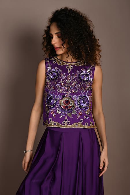 Shop_ISADAA BY ROTNA DUTT_Purple Satin, Georgette, Organza Sequins, Beads, And Cutdana Crop Top & Skirt _Online_at_Aza_Fashions