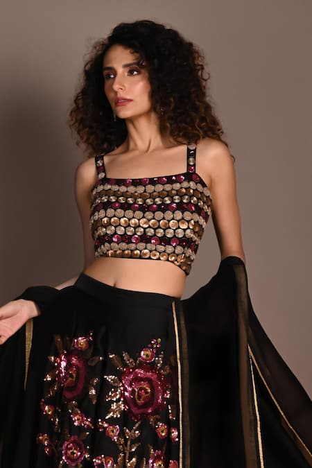ISADAA BY ROTNA DUTT_Black Satin, Georgette, Organza Sequins, Beads, And Zardosi Hand Lehenga Set _Online_at_Aza_Fashions