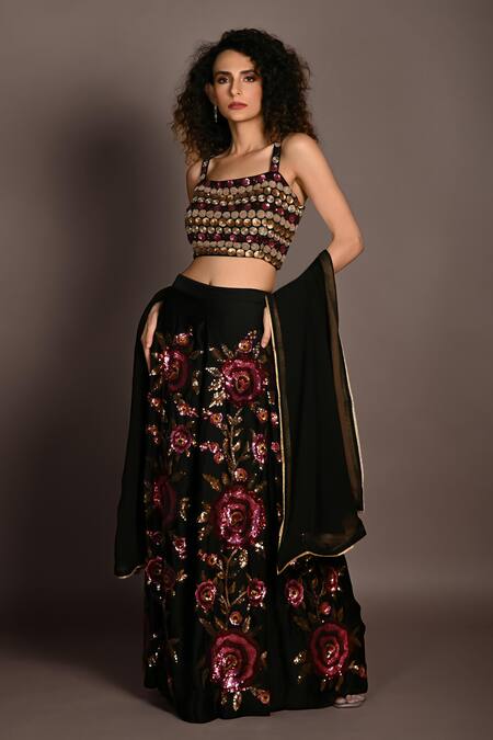 Buy_ISADAA BY ROTNA DUTT_Black Satin, Georgette, Organza Sequins, Beads, And Zardosi Hand Lehenga Set _Online_at_Aza_Fashions