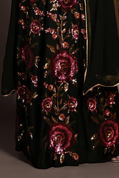Shop_ISADAA BY ROTNA DUTT_Black Satin, Georgette, Organza Sequins, Beads, And Zardosi Hand Lehenga Set _Online_at_Aza_Fashions