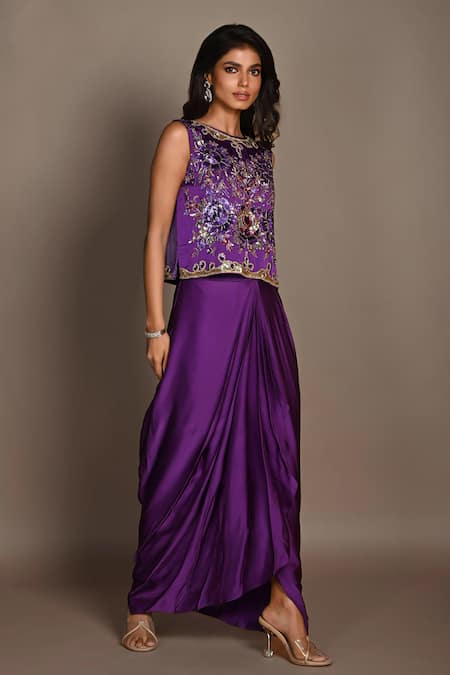 ISADAA BY ROTNA DUTT_Purple Satin, Georgette Sequins, Beads, Embroidery And Cutdana Top & Draped Skirt _Online_at_Aza_Fashions