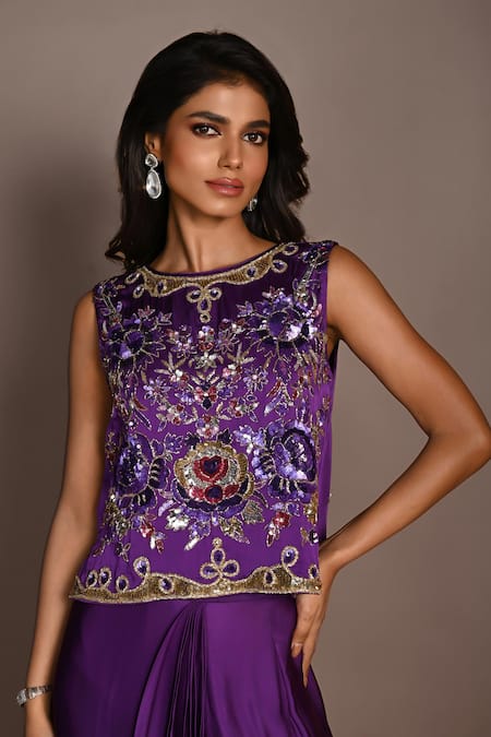 Buy_ISADAA BY ROTNA DUTT_Purple Satin, Georgette Sequins, Beads, Embroidery And Cutdana Top & Draped Skirt _Online_at_Aza_Fashions