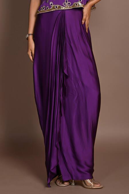 Shop_ISADAA BY ROTNA DUTT_Purple Satin, Georgette Sequins, Beads, Embroidery And Cutdana Top & Draped Skirt _Online_at_Aza_Fashions
