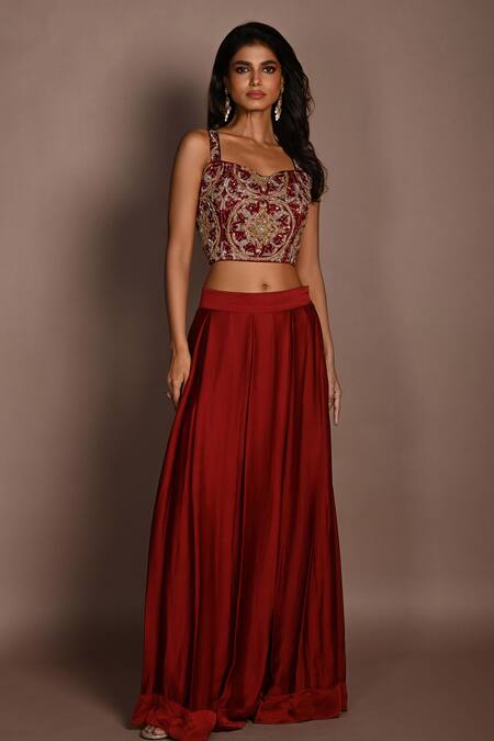 Buy_ISADAA BY ROTNA DUTT_Red Satin, Georgette, Organza Embroidery, And Cutdana Hand Choli Skirt Set _Online_at_Aza_Fashions