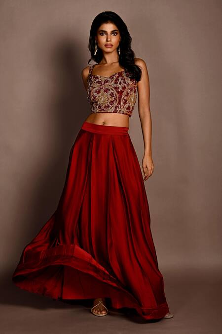 Shop_ISADAA BY ROTNA DUTT_Red Satin, Georgette, Organza Embroidery, And Cutdana Hand Choli Skirt Set _Online_at_Aza_Fashions