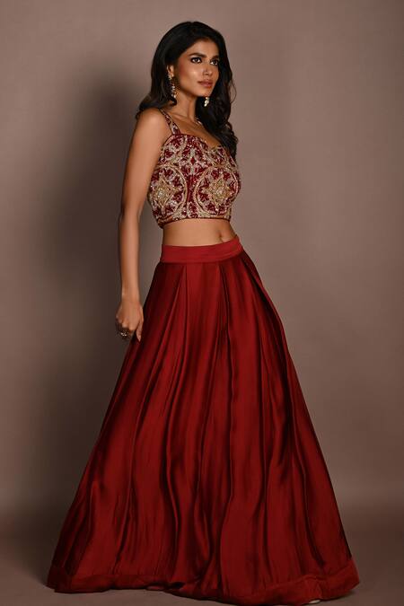 ISADAA BY ROTNA DUTT_Red Satin, Georgette, Organza Embroidery, And Cutdana Hand Choli Skirt Set _at_Aza_Fashions