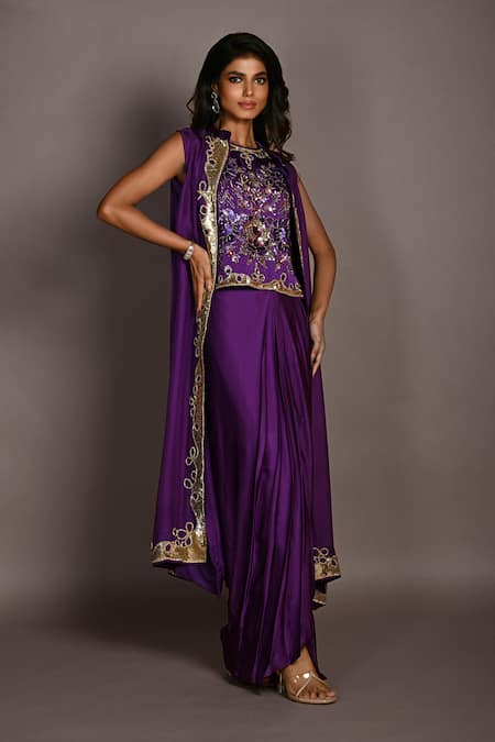 ISADAA BY ROTNA DUTT_Purple Satin, Georgette, Organza Embroidery, Hand Jacket And Draped Skirt Set _Online_at_Aza_Fashions